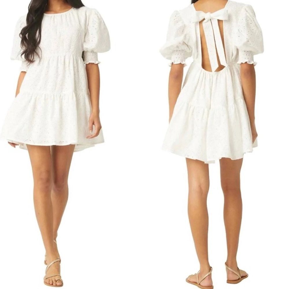 NWT MISA Fraser Tiered Mini Dress Puffed Sleeves Eyelet White Size Medium (M)